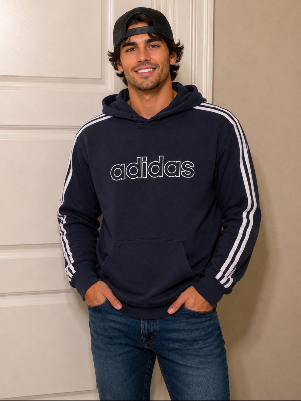 adidas Navy and White Three-Stripe Hooded Sweatshirt